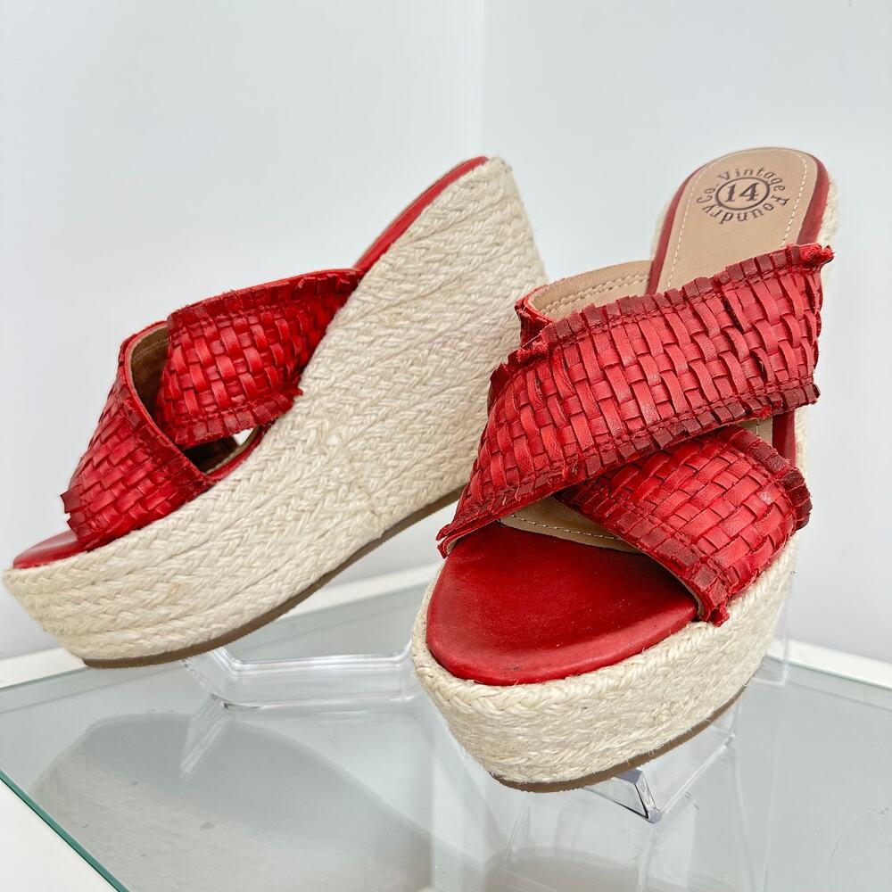 Vintage Foundry Lorie Sz 6 Wedge‎ Espadrille Platform Red Leather Sandals Heels